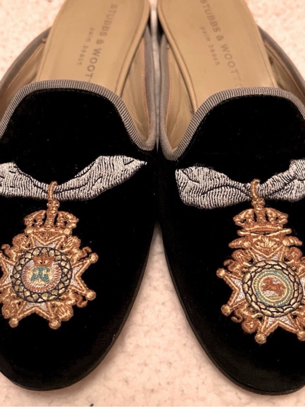 Stubbs & Wootton Black Velvet Loafers with Gold Embroidered Medallions 7.5